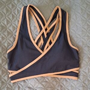 Fabletics Cross-Back Sports Bra - Black and Tan